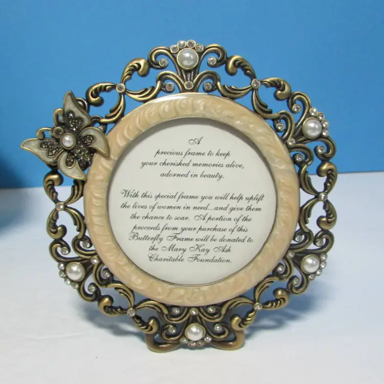 vintage Mary Kay round metal and enamel frame brass tone butterfly decor with box