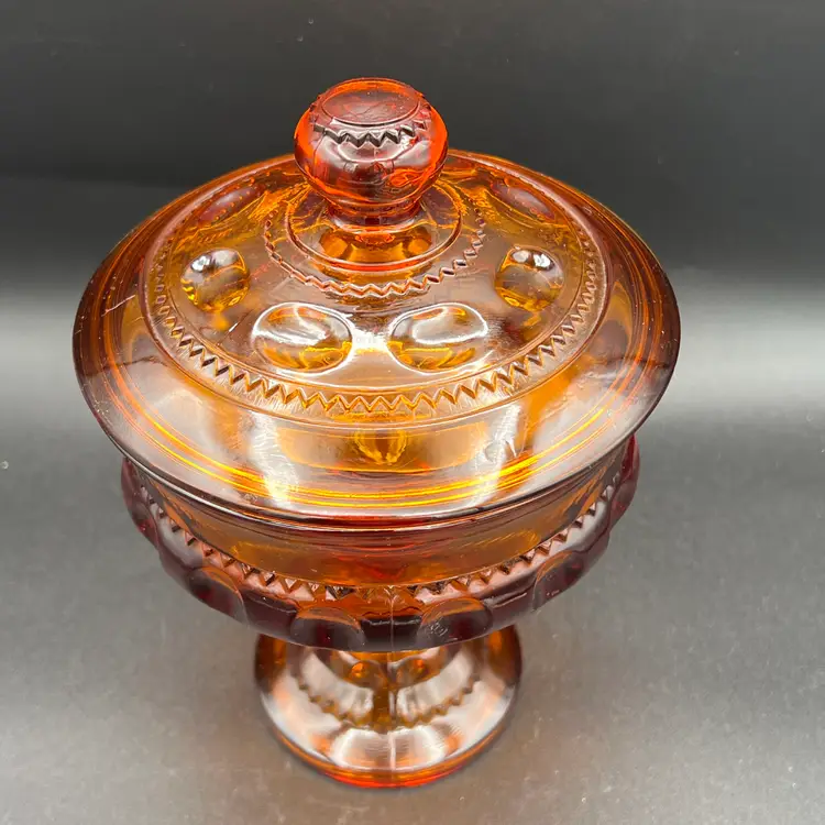 Vintage Indiana Glass Amber Kings Crown Thumbprint Candy Dish Compote Pedestal