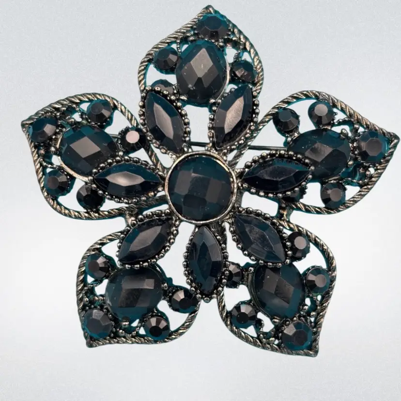 Vintage Black Rhinestone Flower Brooch – Statement Costume Jewelry