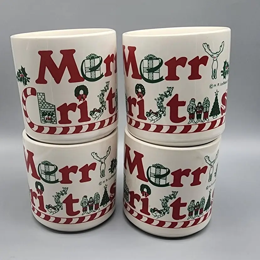 1979 H.R. Le Blond Jr USA Merry Christmas Red & Green Ceramic Mugs Set of 4