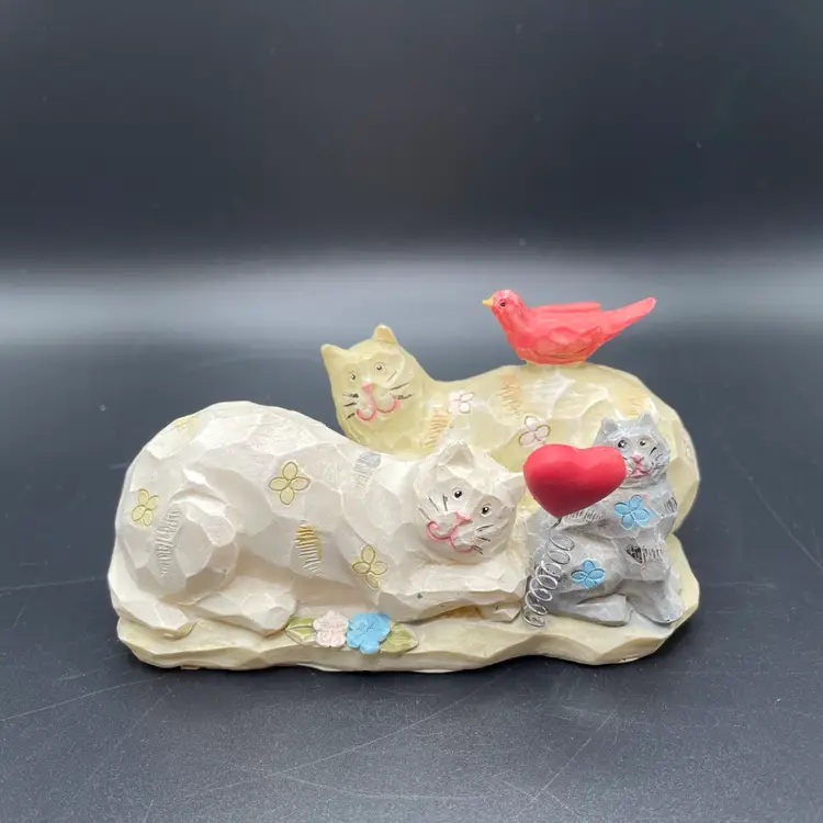 Greenbrier International Polystone Kitty Cat Family Cardinal Bird Heart Figurine