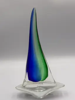 Art glass sailboat Sculpture Blue/Green clear vintage  nautical unsigned
