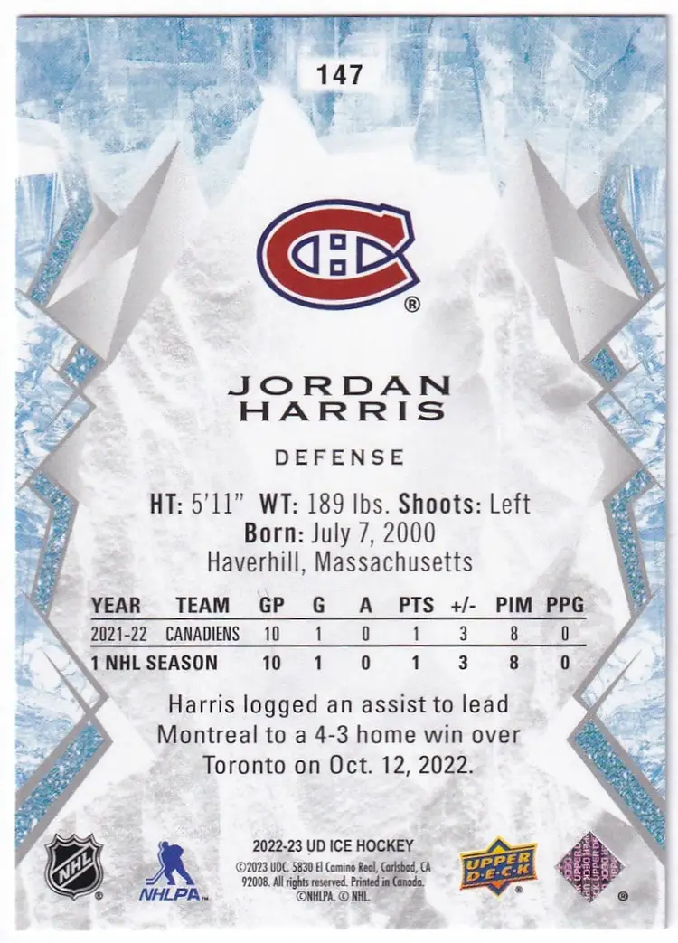 2022-23 Upper Deck Ice #147 Jordan Harris RC Montreal Canadiens Hockey Card