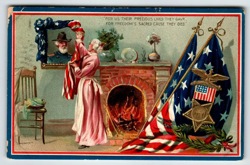 Memorial Decoration Day Postcard Grandmother Veteran Fireplace Flags Tuck 158