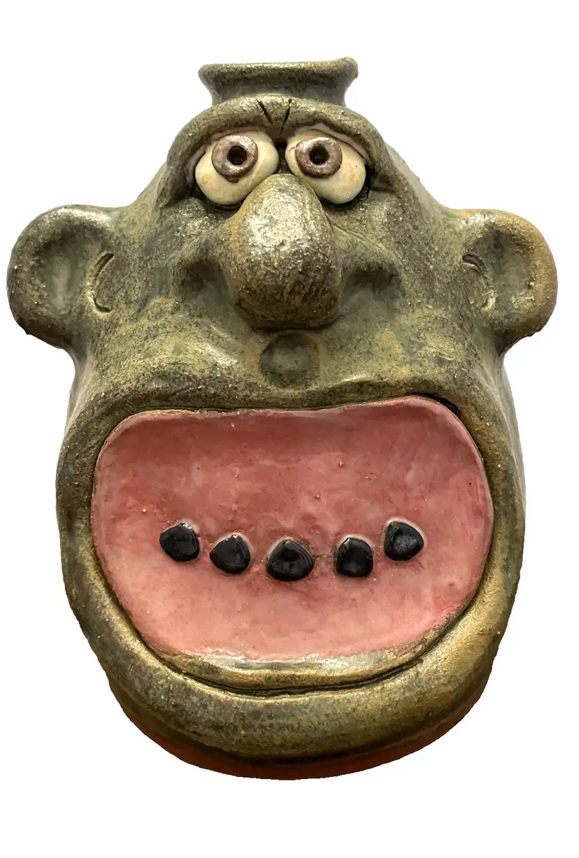 Pottery Jug Ugly Face Brian Wilson 2004 2K4 Folk Art Signed 7.5 in Tall One Chip