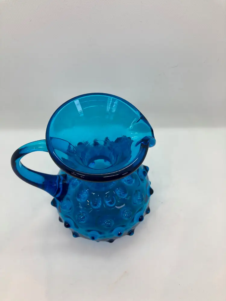 1950's Vintage Empoli Italy Blue Hobnail Glass MCM Spiky Seed Pod Pitcher Jug