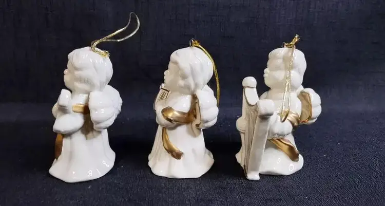 Set Of 3 Vintage Porcelain Gold Angel Ornaments W Instruments by Crown Accents