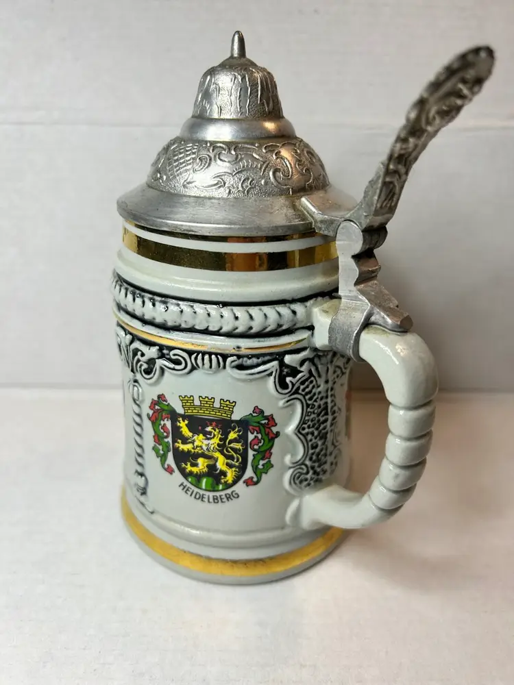 Vintage DBGM Pewter Lid Original King West German Ceramic Stein W/Cities
