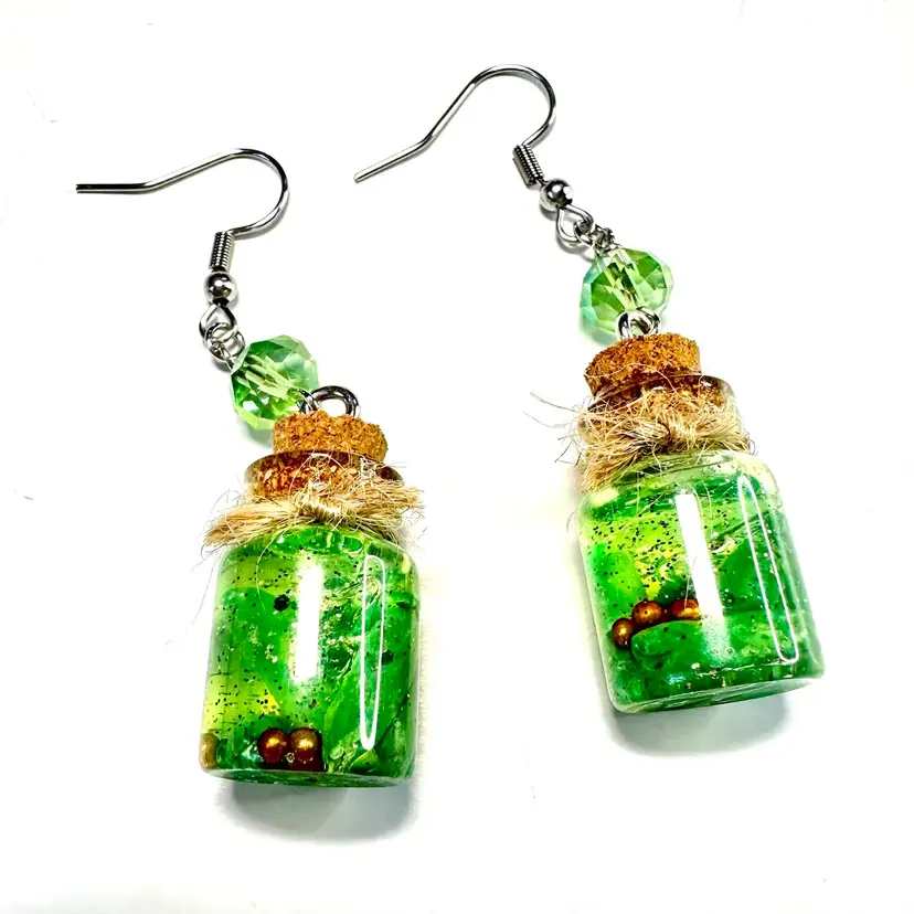 Handmade Pickle Jar Earrings Silver Tone 2.25” L