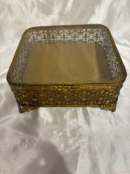 Vintage Jewelry box beveled glass gold metal footed
