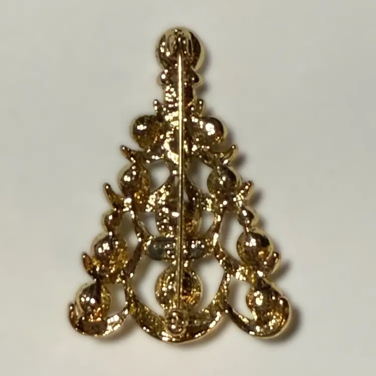 Vintage Signed Eisenberg Ice Green Rhinestone Christmas Tree MCM Goldtone Brooch