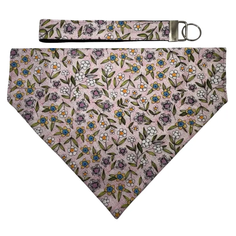 Dog Bandana Pink Spring Flowers Large Dog Handmade 11” Wide, Matching Keychain
