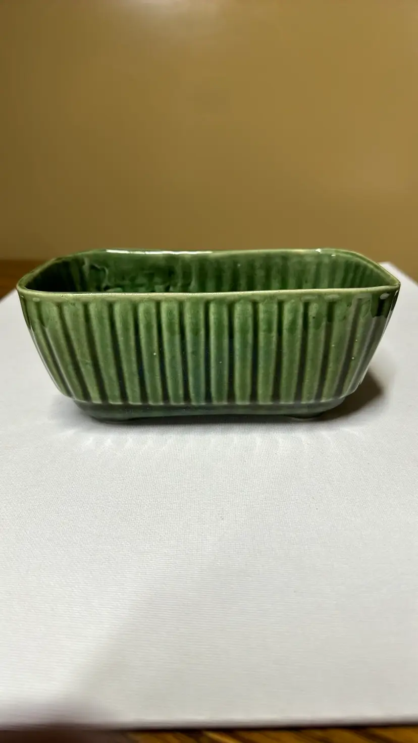 Brush Pottery Ribbed Green Rectangular Planter - signed Brush USA
