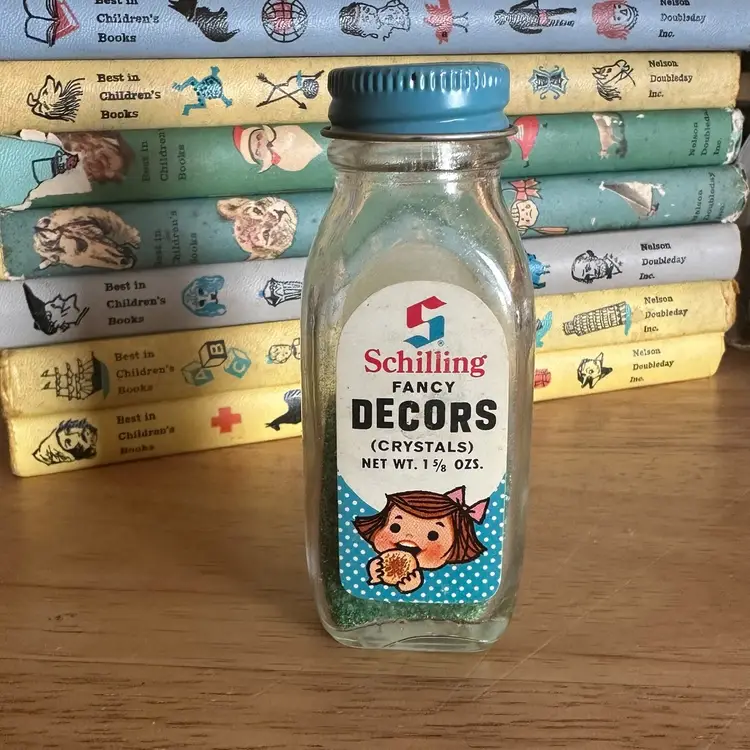 Vintage Schilling Girl Fancy Decor McCormick Green Sugar Bottle Spice Jar