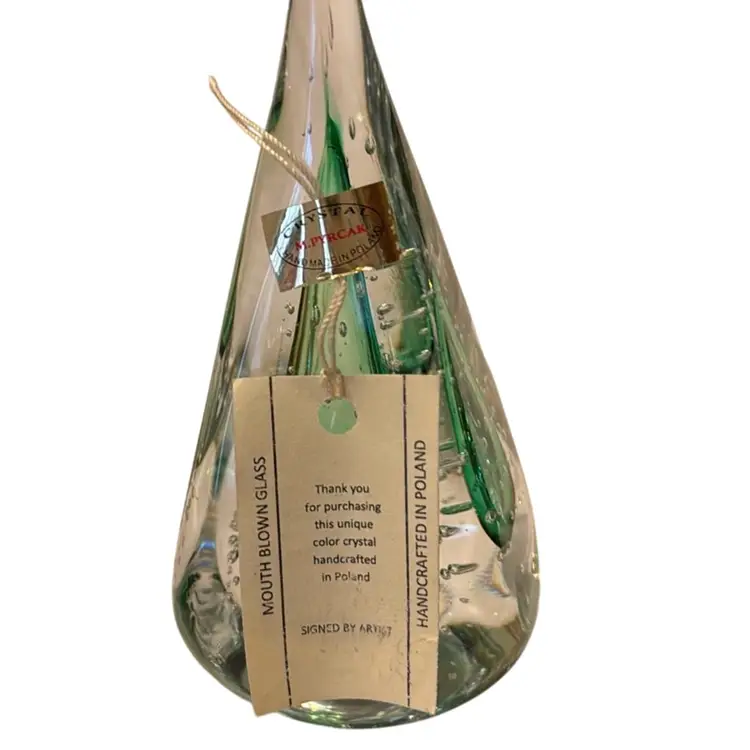 Christmas Tree In Poland - Vintage Myrian Pyrcak Christmas Tree Art Glass Paperweight - Original Sticker And Tag, Signed 5.5”