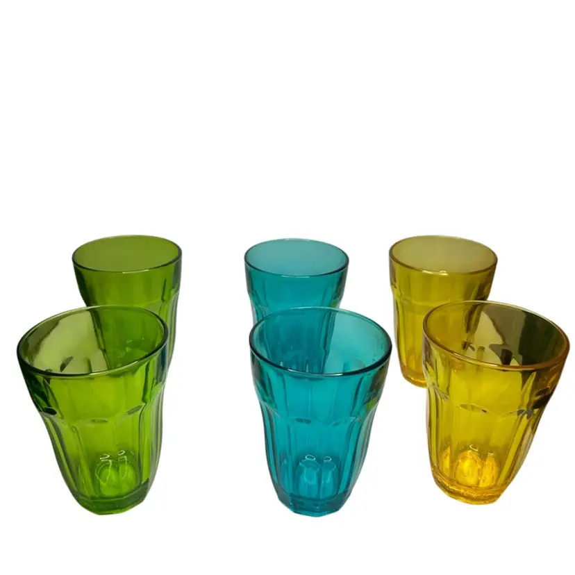 Vintage Set Of 6 Palaks Jeweled Colored Green, Blue, And Yellow Tumblers Flash Paneled Small Flashing Coming Off On One Of The Blue 4” Tall