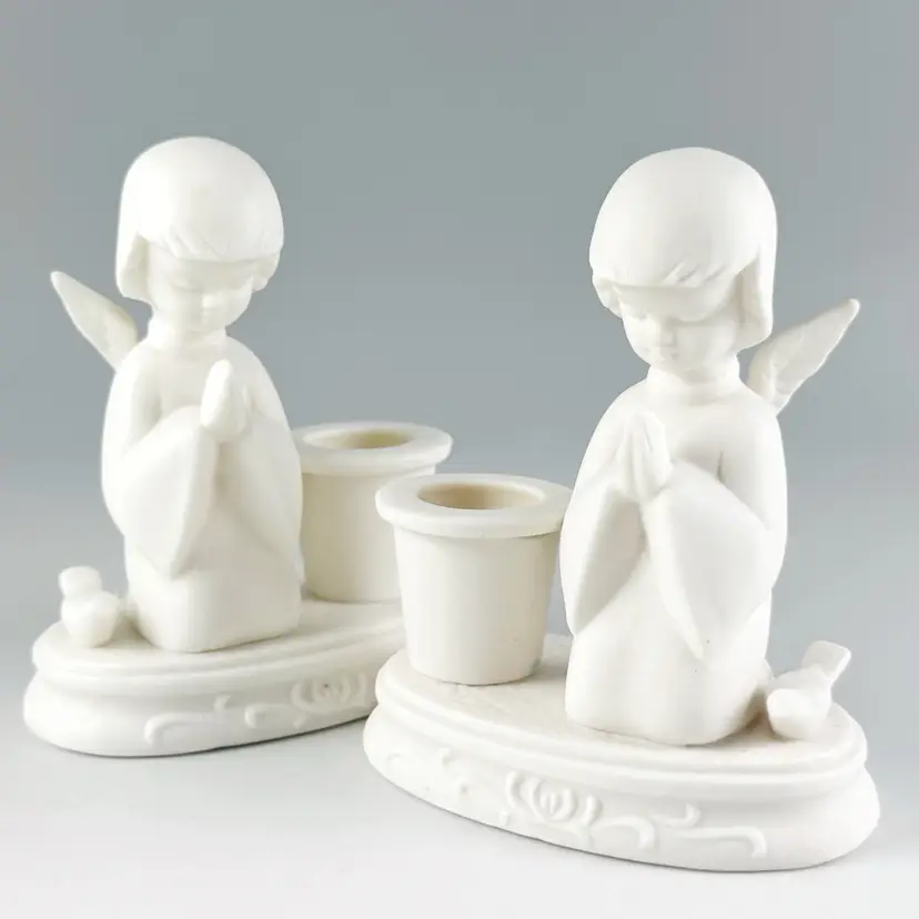 2 Vintage Holt Howard Praying Angel White Bisque Porcelain Christmas Candle Holders