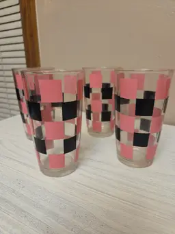 Vintage 4 Glasses Pink & Black Checkerboard MCM Tumbler 5" Unmarked Barware Bar