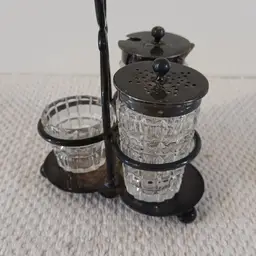 Antique Mappin & Webb Crystal Salt, Pepper & Sugar Caddy