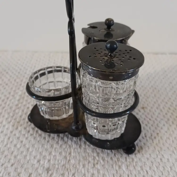 Antique Mappin & Webb Crystal Salt, Pepper & Sugar Caddy