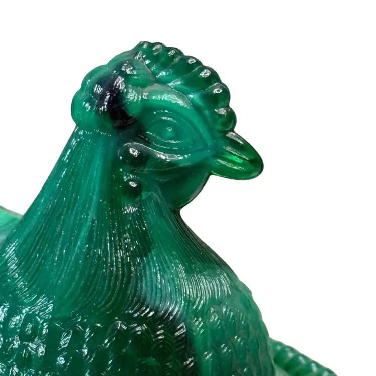 Westmoreland Green and White Slag Glass Hen On Nest Covered Candy Dish Split Tail Country Cottage
 6-1/2” T X 7-1/2” L x 5-3/4” W