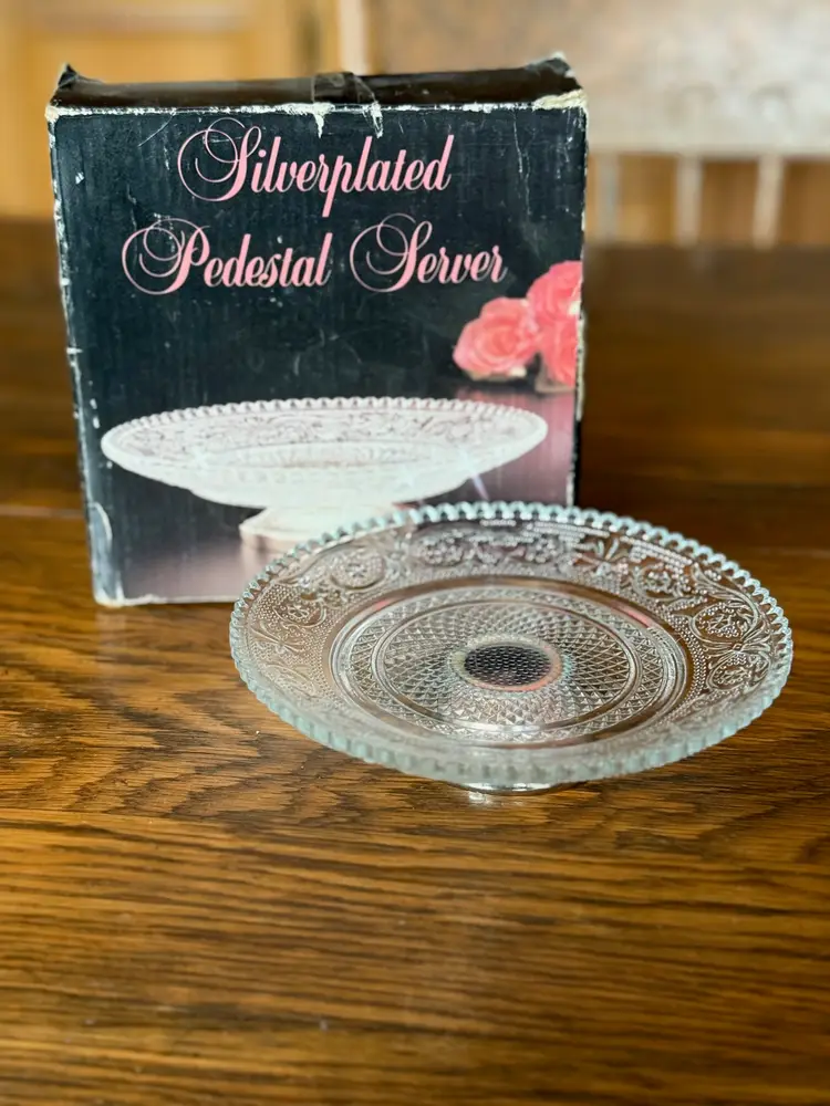 Vintage Silverplated Pedestal Server, 6-Inch Pressed Glass Dessert Stand with Box, Mid-Century Candy or Cake Plate, Elegant Display Server