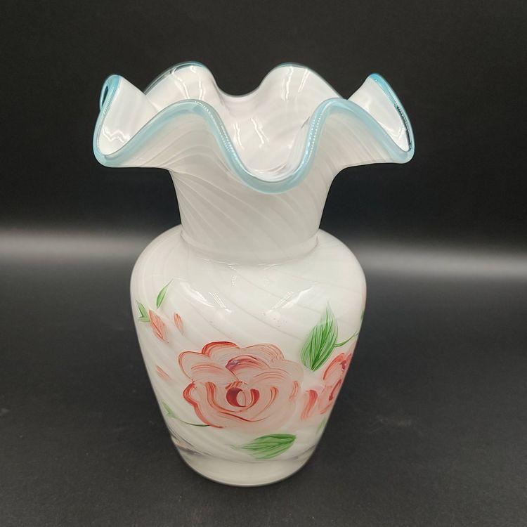 Vtg Fenton Optic Swirl Blue Crest Vase