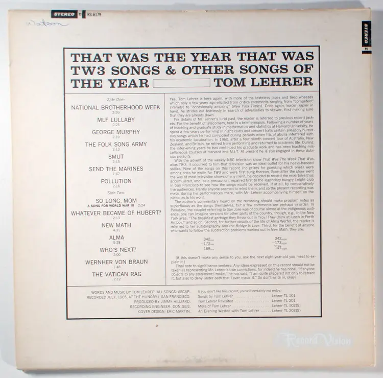 Tom Lehrer - That Was the Year That Was (1965) Vinyl LP; New Math, Satire Comedy