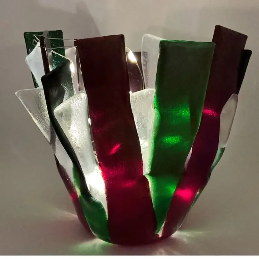 Made by Me! Fused Glass Holiday Vase or Votive 4.75” x 5.25”Christmas Winter Theme Handcrafted Studio Art