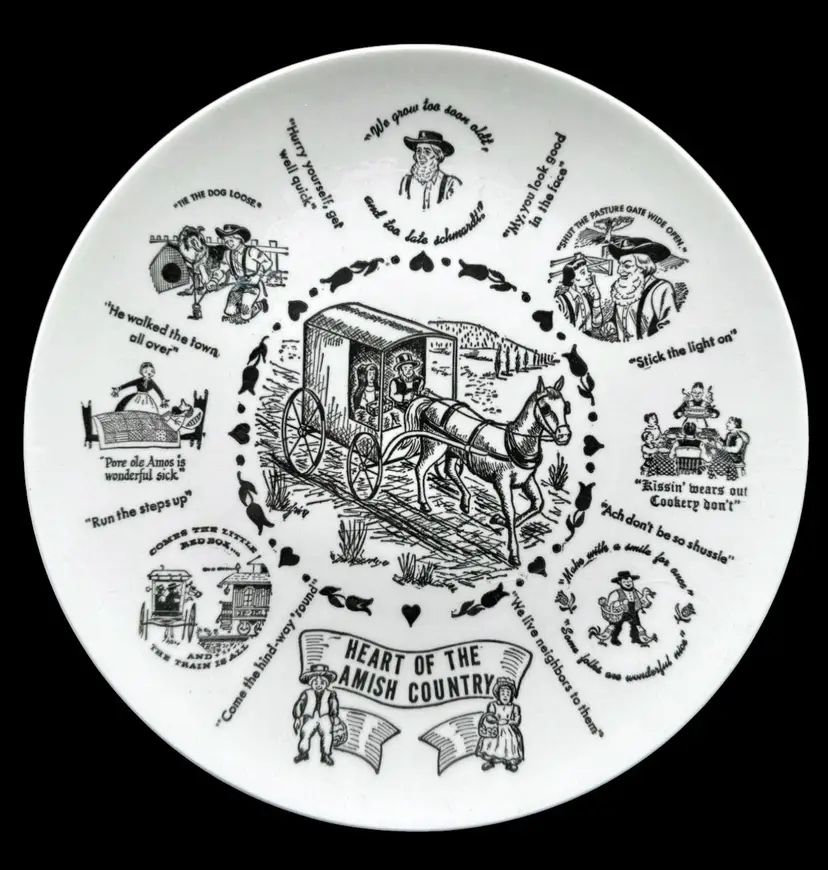 Vintage Heart of the Amish Country Souvenir Collectors Plate Black White 9.5”