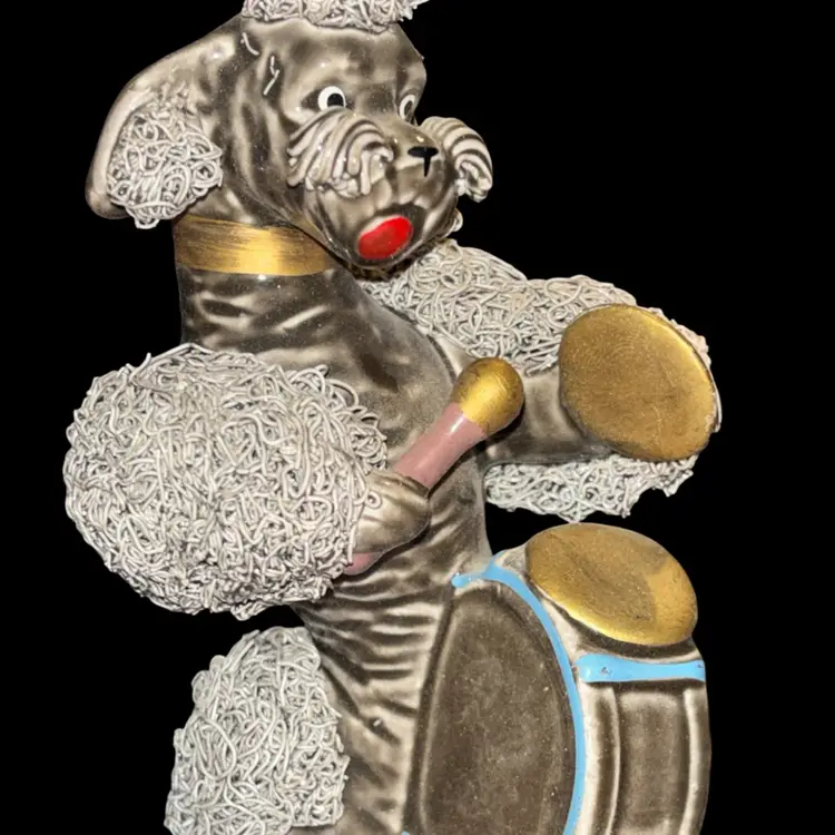 Gray Spaghetti Poodle Figurine, Playing Cymbals and Drums Band Member