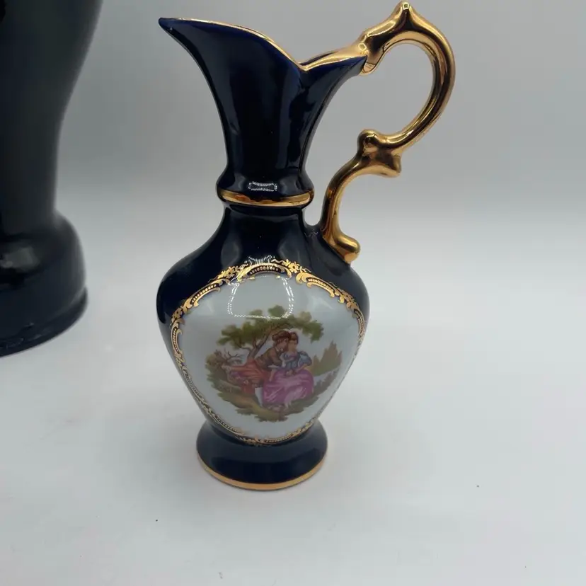 Vintage Limoges/Castel Porcelain Pitcher/Vase – Dark Blue W/Gold Trim 6.35”