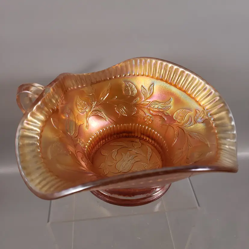 Antique DUGAN GLASS Iridescent MARIGOLD WILDFLOWER Gravy Boat Nappy BOWL DISH
