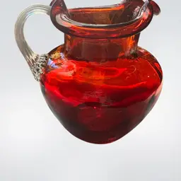 Vintage Blown Glass Red / Amberina Pitcher With Applied Clear Handle 3.5”