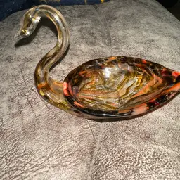 Brown and Orange Art glass swan trinket candy dish