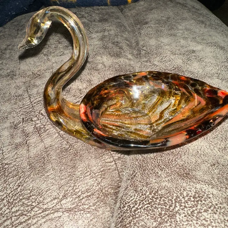 Brown and Orange Art glass swan trinket candy dish
