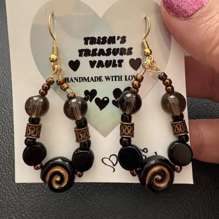 Handmade With Love Black And Bronze Tone Art Glass Bead Earrings
