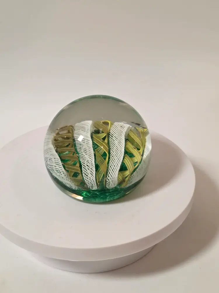 Vintage Murano Laticino And Ribbon Large Paperweight Gold White Green Italian