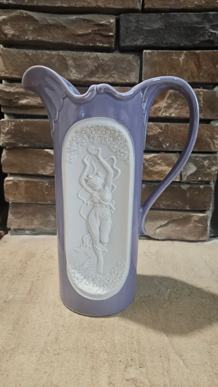 Art Nouveau Porcelain Pitcher Purple And White Cameo Dancing Lady Setco Craft
