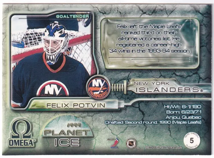 1998-99 Pacific Omega Planet Ice #5 Felix Potvin New York Islanders Hockey Card