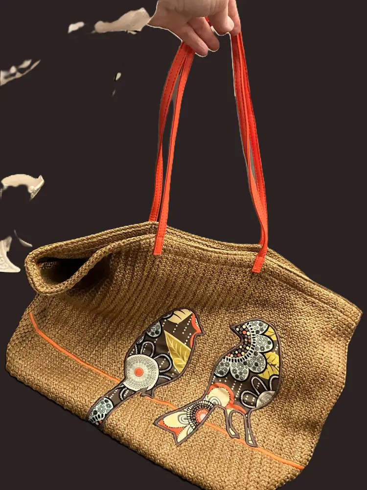 VERA BRADLEY Woven Straw Tote Two Birds on a Wire Shopping Beach Bag Shoulder