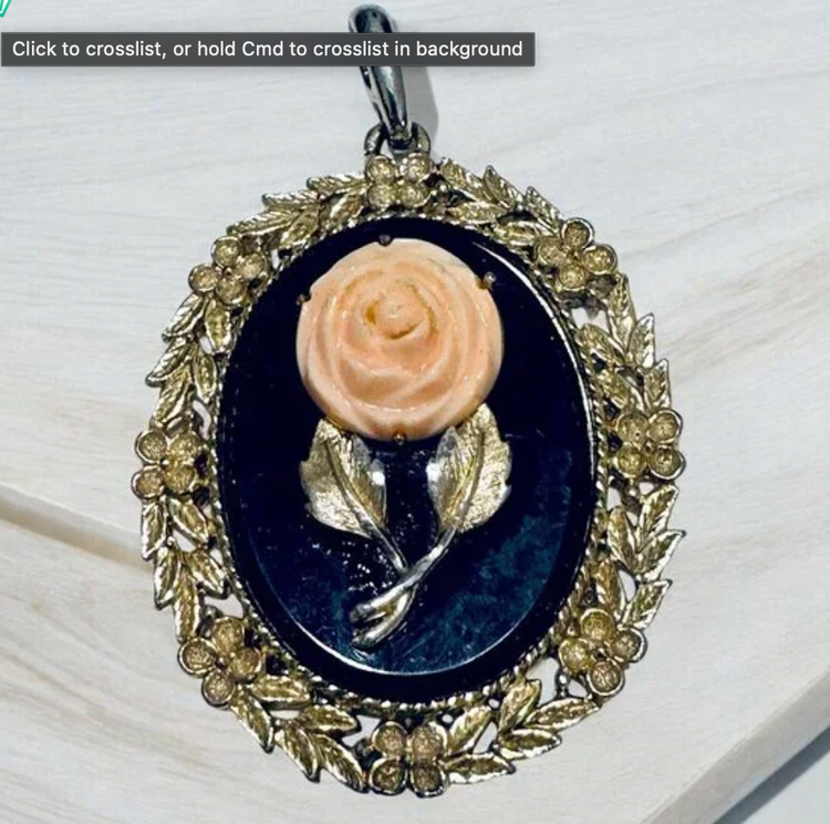 Vintage 1970's Large Cameo Pendant Black w/ Pink Rose Mirror Back Avon