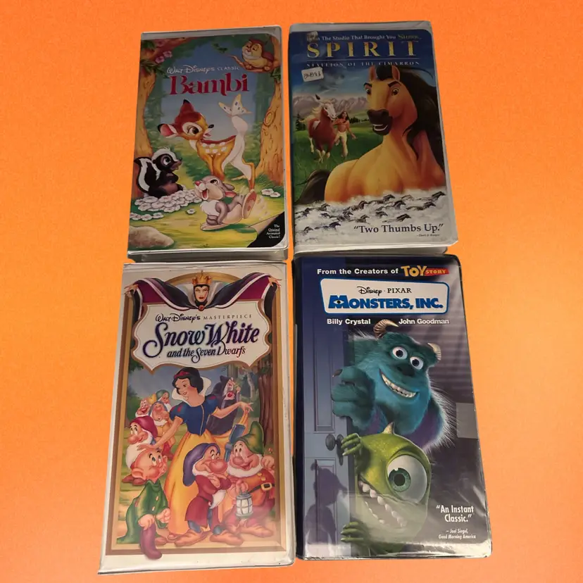 Disney’s Bambi, Snow White, Spirit And Pixar’s Monsters, Inc., Bundle Of Nostalgia, Lot Of 4 VTG VHS Tapes, Original Cases