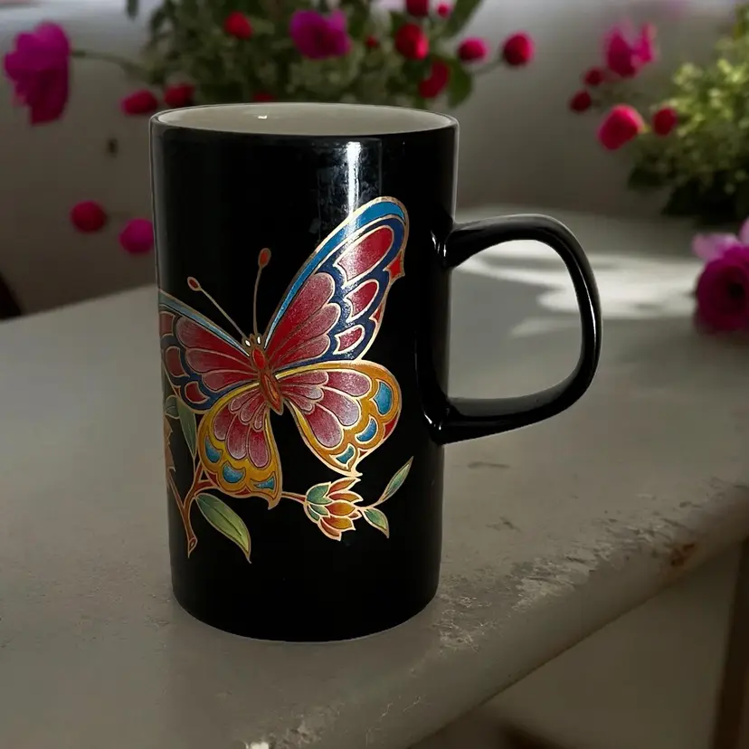 Vtg Butterfly Flower Mug. Pattern- Hawaii. Designed for Dunoon. Stoneware Coffee Cup Made in Scotland. 1980's Colorful Tropical