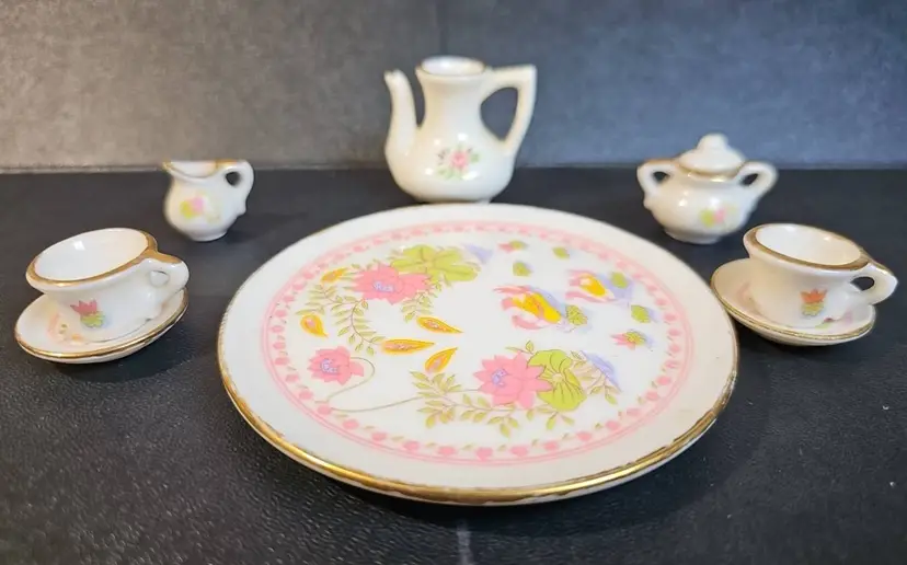 Vintage Rose-Themed Miniature Porcelain Tea Service & Platter • Dollhouse Charm