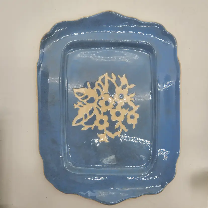 Vintage Harker Cameo Ware Blue Dainty Flower Scalloped Rectangular Platter Tray
