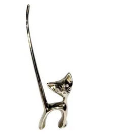 Vintage 1950s Chrome Long Tailed Cat Figurine Ring Holder With Jeweled Eyes