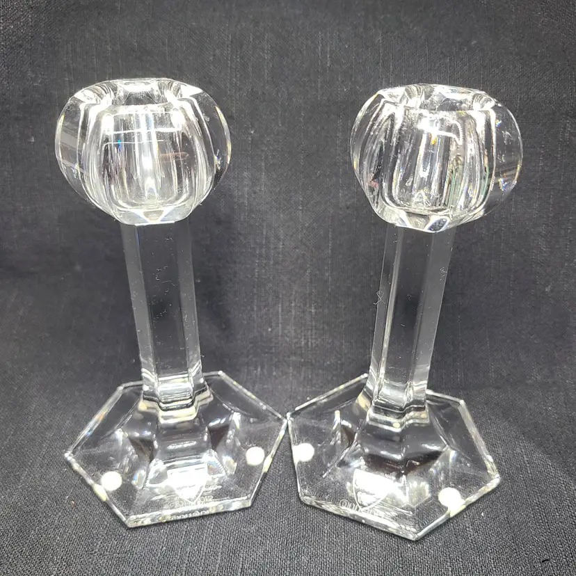 Set of 2 Orrefors Globe Candlesticks Clear Crystal