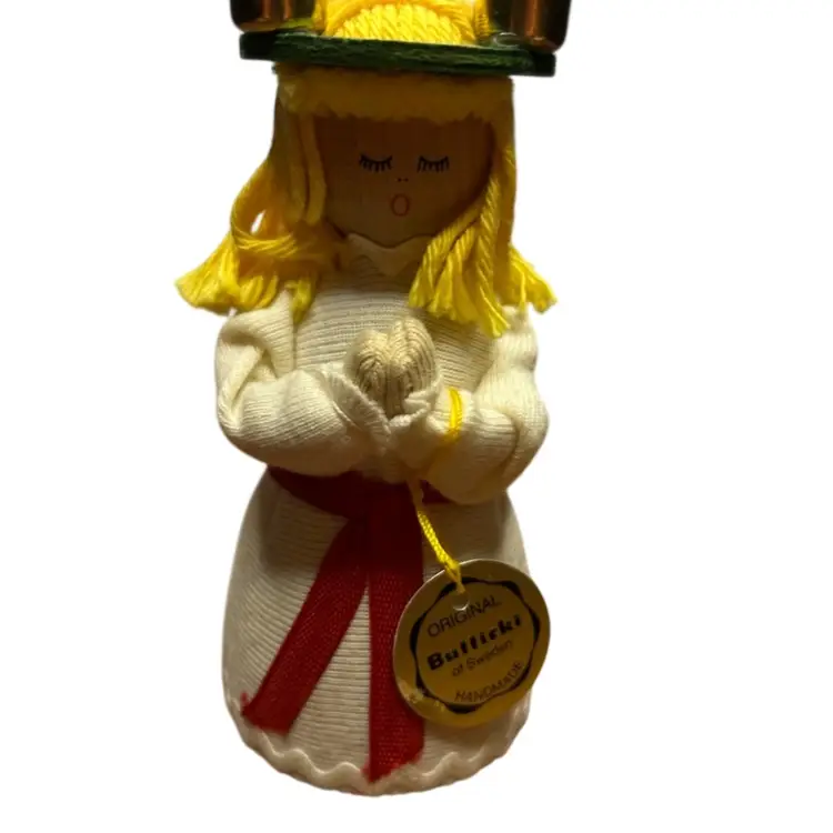 Vintage Batticki Of Sweden Handmade Wooden St Lucia Candle Holder Figure @5” Tall Small Patch Of Red Fading On Hair