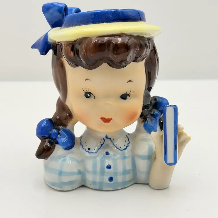 Napco  Ceramic Brunette Girl With Blue Ribbon Head Vase